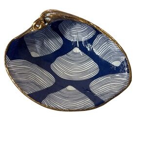 Handmade Blue White Decoupage Clam Shell Trinket Dish Gold Trim Coastal Decor
